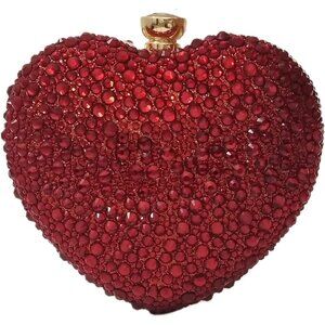 🆕Women Red Rhinestone Heart Shape Mini Clutch Purse Wedding Handbag Party Bag